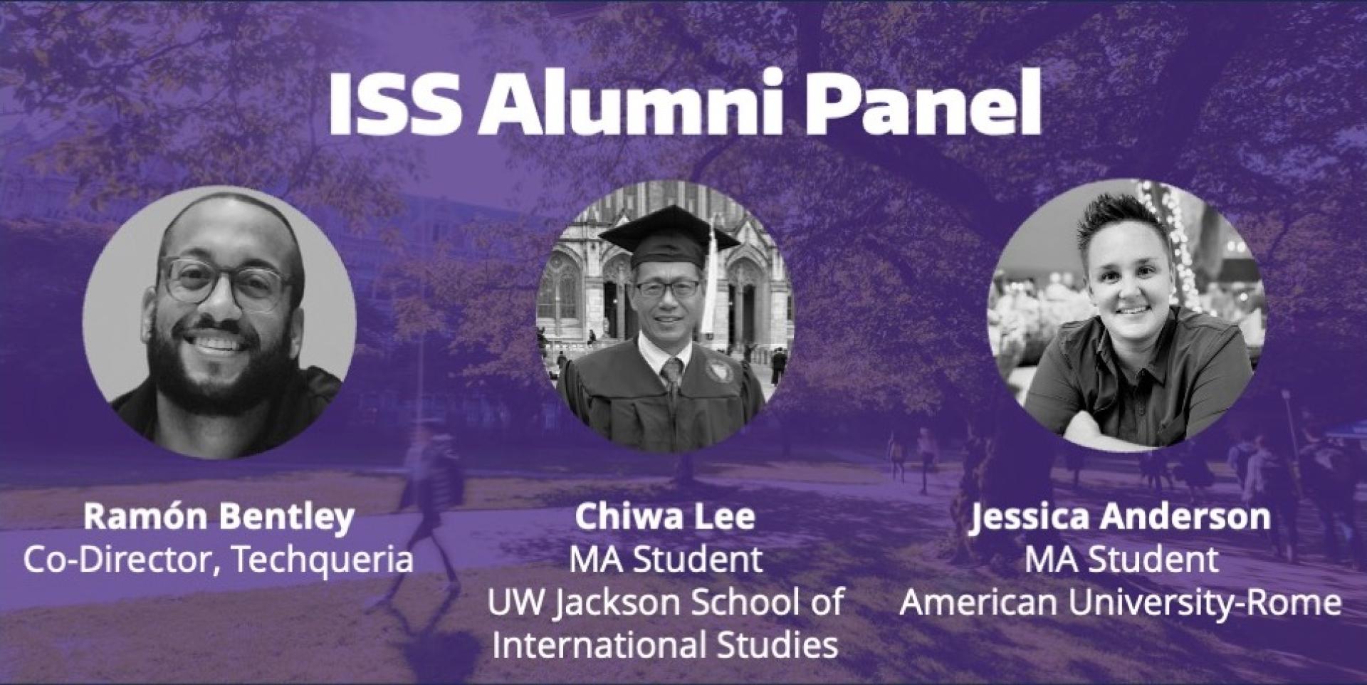 Headshots of Ramon Bentley, Chiwa Lee, and Jessica Anderson against a purple background